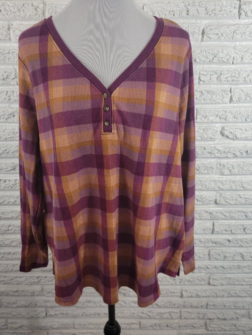 Terra & Sky Womens 2X Plaid Knit Top V-Neck 1/4 Button Long Sleeve Purple PLA1XE
